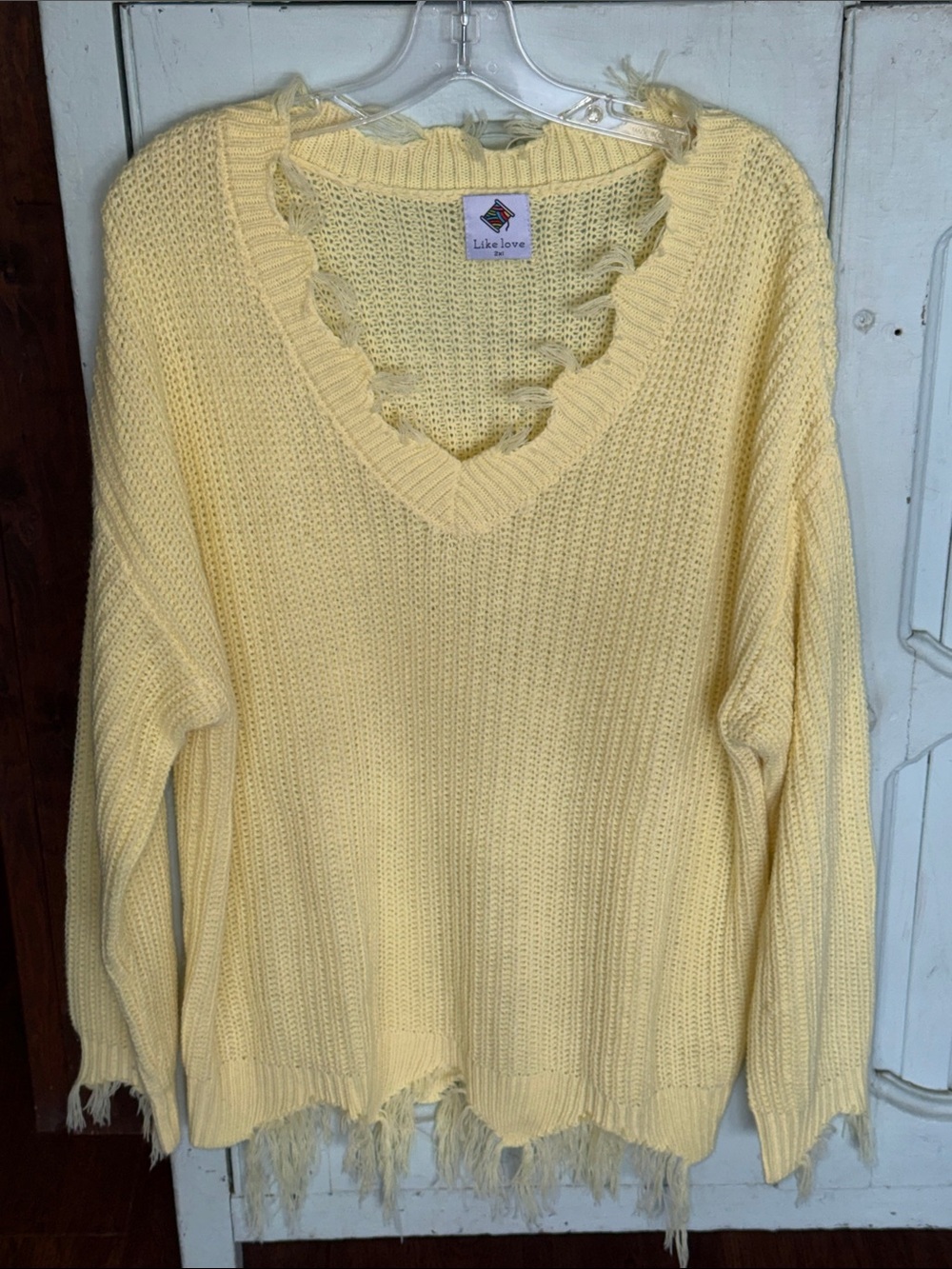Like Love  Distressed V-Neck Sweater in Yellow